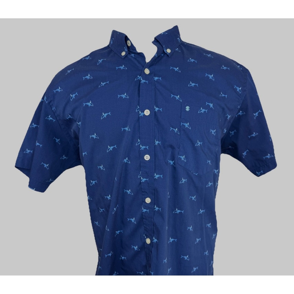 IZOD Saltwater Collection XXL Shirt Navy Blue SHARK Print‎ Short Sleeve Nautical